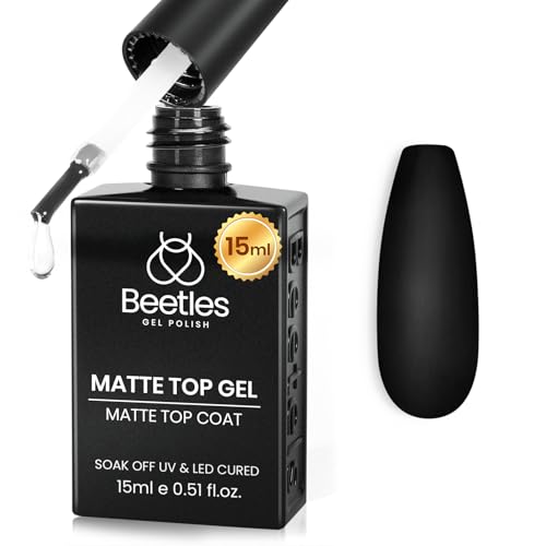 Beetles 15 ml Matte Gel Top Coat, Chrome Proof Matte Top Coat Gel Nail Polish No Wipe Low‑Odor Compatible with UV/LED Lamps Long Lasting 21 Days+ Finish Diy at Home