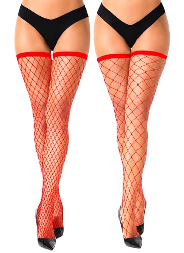 Image of VOAKOW 2 Pairs Thigh High Fishnet Stockings Sparkly Fishnet Tights for Women, Rhinestone Fishnets Stockings