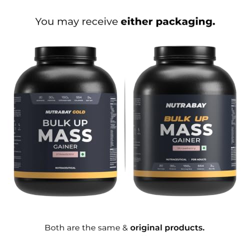 Image of Nutrabay Gold Bulk Up Mass Gainer Powder - 3kg, Strawberry | 30g Protein, 104g Carbs, 554 Calories | Easy to Digest | 100% Veg Muscle Building & Weight Gainer Supplement for Men & Women