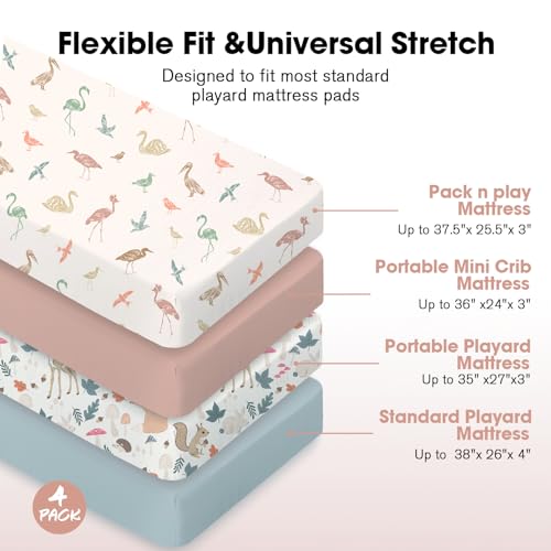 Image of Bimocosy Pack and Play Sheets Fitted 4 Pack, 38 x 26 Inch Pack n Play Mini Crib Sheets for Boys and Girls, Soft Stretchy Playard Mattress Sheets for Graco Pack n Play, Forest Friends