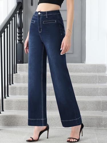 Genleck Ankle Wide Leg Jeans for Women High Waisted Boyfriend Stretchy Straight Trousers Pants with Pockets Trendy4