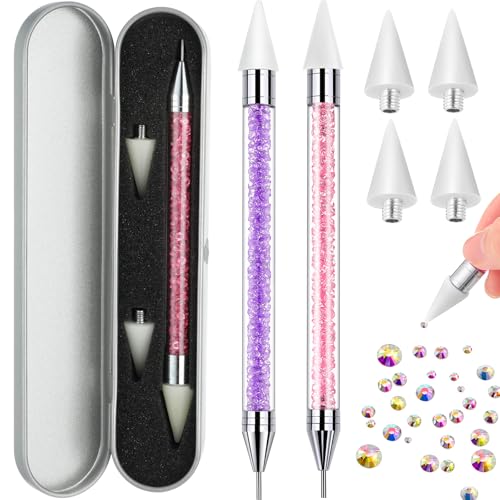 2 Pieces Rhinestone Picker Dotting Pen, Dual-ended Rhinestone Gems Crystals Studs Picker Wax Pencil Pen Crystal Beads Handle Manicure Nail Art DIY Decoration Tool (Pink Purple)
