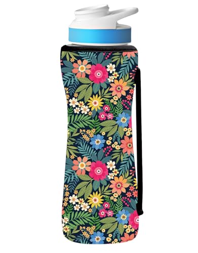 SLEILIN 32oz Cute Printed Sleeve Compatible With Cirkul Water Bottle For Plastic And Stainless Steel Bottles 32oz Neoprene Sweat-Wicking Material Insulated Cover Designed With Handles (Wild Flower)
