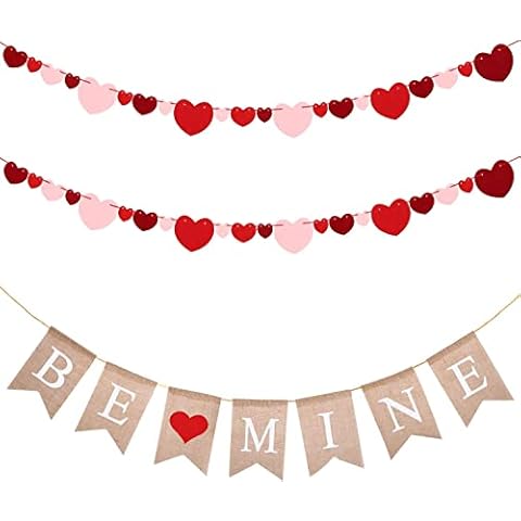Haooryx Valentine’s Day Banners Be Mine Burlap Banner Felt Heart Garland Banner Flags Party Supplies Decoration Valentine Ornaments Wedding Anniversary Engagement Mother’s Day Room Decor Photo Props Cover