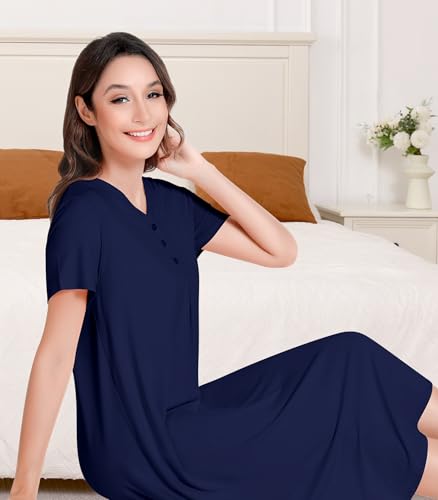 Image of NACHILA Bamboo Viscose Nightgowns for Women Short Sleeve V Neck Sleepwear