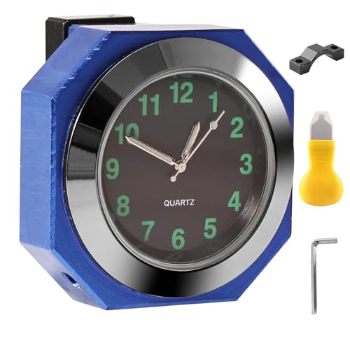 Tulov Motorrad Lenkeruhr, Motorrad Uhr wasserdicht – Aluminiumlegierung Quarzuhr mit Leuchtfunktion, Digitale Lenkeruhr für Motorräder, Fahrräder & Elektrofahrzeuge (Blau)