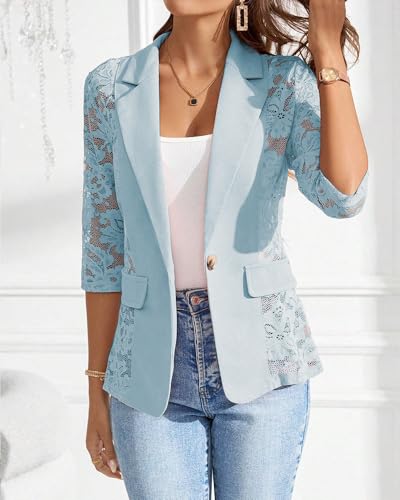 Women's Lapel Neck Lace Patch Sheer Blazer Coat Single Button Flap Night Out Party Spring Casual Office Chic Elegant Outfit3