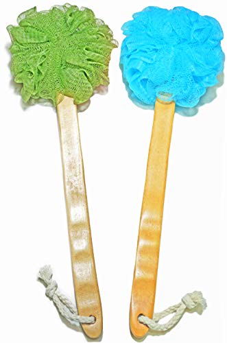 Shower Loofah Body & Back Scrubber - Exfoliating luffa loofa Bath Brush On a Stick - With Long Wooden Handle Back Brush For Men & Women - Easy Reach Body Wash & Lotion Applicator?2Pack-Blue&Green)