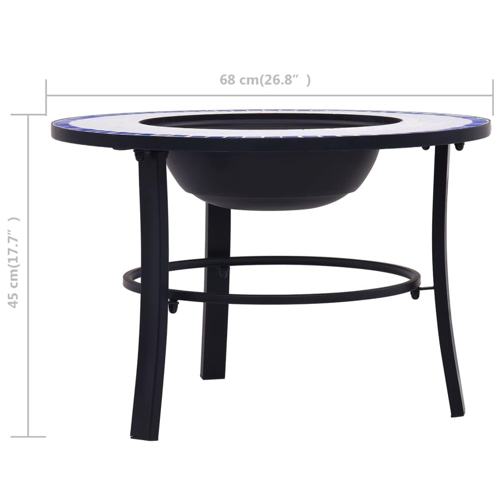 Feuerstelle Mosaik Keramik Blau und Weiß 68 cm, Stahl und Keramik, Dreibein Gestell, runde Ablage, Terrasse Garten, Wärme und Deko für Holzscheite Holzkohle Kamin Ofen