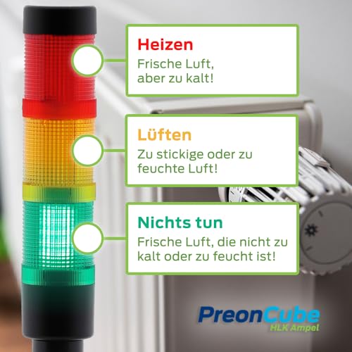 VIRTENIO PreonCube HLK Ampel - Assistent für sparsames Heizen & richtiges Lüften, 360° Ampel, Sensoren für CO2, Temperatur, Luftfeuchtigkeit, aktivierbarer Warnton, WLAN, 34cm, Made in Germany
