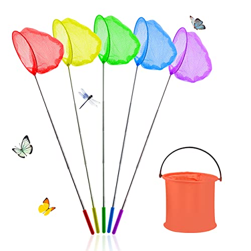 Abitoncc 6 Pack Fishing Nets for Kids and Foldable Bucket Set Colorful Telescopic Butterfly Net Extendable Fishing Nets for Beach (Form 37 to 85cm) Catching Insects Children Fishing Net for Ponds Pool