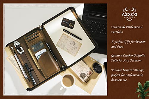 Professional Slim Padfolio Organizer Genuine Leather Compact Portfolio Case With Letter Size (A4) Paper Notepad, Business Carrying Case For Ipad Pro 12.9(2018&2020&2021), Gift For Men/Son #TOP2