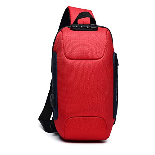FANDARE Anti-theft Sling Bag New Men Crossbody Bag fit 10.5 inch tablet Women Chest Pack with USB Charging Port Shoulder Bag for Cycling Camping Riding Hiking Daypacks Waterproof Polyester Red A