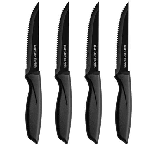 Ruffulon Set di 4 Coltelli da Bistecca,Coltelli da Cucina Affilati,Coltelli da Tavola in Acciaio Inox,Coltello Nero,Coltelli Bistecca Seghettato,Coltelli da Cucina Professionali per Tagliare la Carne