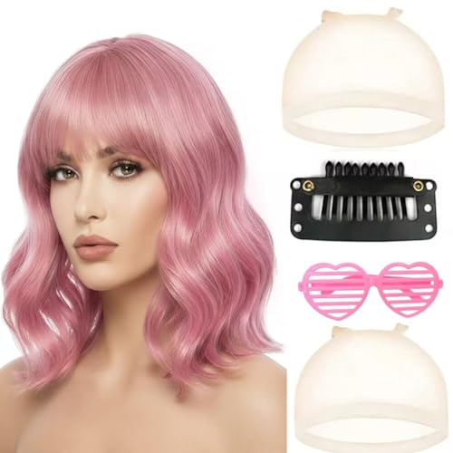 Pink Wigs for Women Mermaid Wigs Costume Wig and Sunglass Set Shoulder Length Loose Curly Hot Pink Wig with Bangs for Halloween Christmas Party