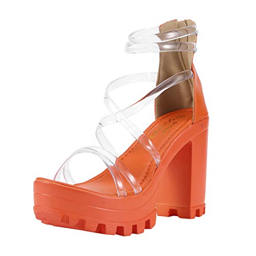 ZYAPCNGN Sandals for Women Women\'s Chunky Heels Zippered Waterproof Platform High Heels Shoes Sandals Wedge Sandals Orange
