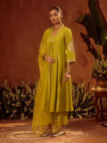 Image of FIORRA Women's Lime Green Viscose Chanderi Embroidered & Gota Patti Work Ethnic A-Line Kurta Set with Dupatta