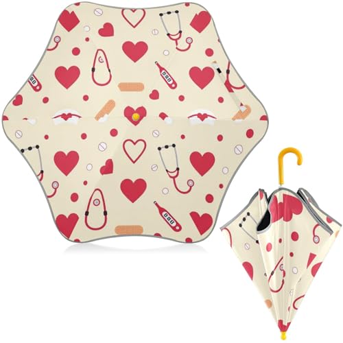 Paraguas para niños resistente al viento con impermeable reforzado y estampado de corazones