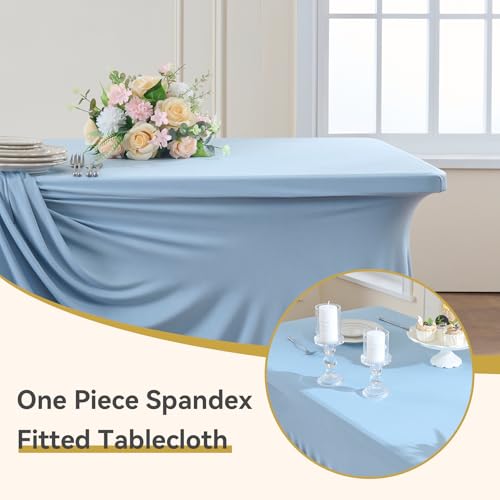 Image of Outpain Dusty Blue Spandex Table Clothes for 6 Foot Rectangle Tables-2Pack 6FT Spandex Fitted Table Cover, Wrinkle Free Tablecloths with Skirt for Parties, Wedding, Birthday, Banquet, Festival