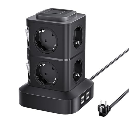 Torre Regletas Enchufes Vertical con 8 Tomas AC y 4 USB Regleta Enchufe Múltiple 3 M Regreltas Vertical con Protección Sobretensión Interruptor Independiente Base Estable para Casa y Oficina
