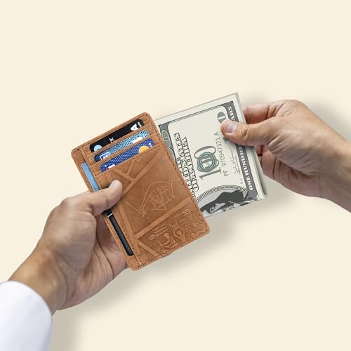 Image of Oak Leathers Leather Slim Minimalist Wallet for Men & Women RFID Front Pocket Leather Card Holder Wallets (Egyptian Cognac)