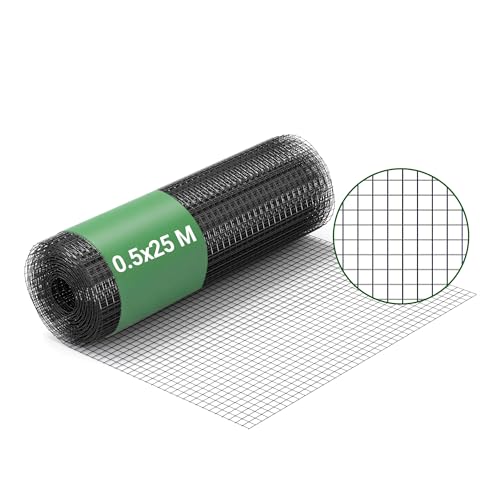 Wiltec Fil de grillage Noir à mailles carrées 12 x 12 mm - 25 m x 50 cm - en Acier galvanisé revêtus par PVC - Rouleau Clôture pour Volière Clapier Jardin...