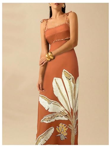 Image of SOLY HUX Women's Summer Maxi Dress Boho Print Tie Shoulder Spaghetti Strap Cut Out Tie Back Cami Dresses Sundress