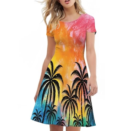 Image of HUGS IDEA Womens Puffy Swing Midi Dress Round Neck Short Sleeve Party A-Line Dresses