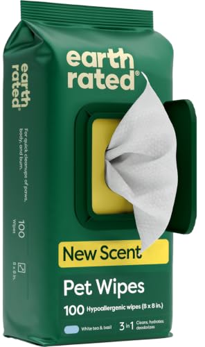 Earth Rated Pet Wipes for Dogs and Cats, Hypoallergenic, 3-in-1 Cleaning, Deodorizing and Hydrating, for Grooming Paws, Body and Bums, New White Tea and Basil Scent, 100 Count