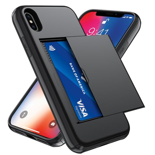 Qinmay Compatible with iPhone X/XS Case with Card Holder Dual Layer Shockproof Heavy Duty Protective Hidden Slot Slim Wallet Phone CoverBlack