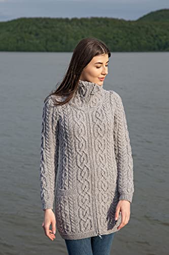 SAOL Ladies Irish Aran Zip Cardigan - 100% Merino Wool Ireland Coat with Pockets and Raised Collar4