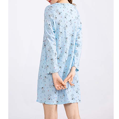 Women's Cotton Sleepwear Long Sleeves Nightgown Print Tee Sleep Dress (X-Large, Kitty)