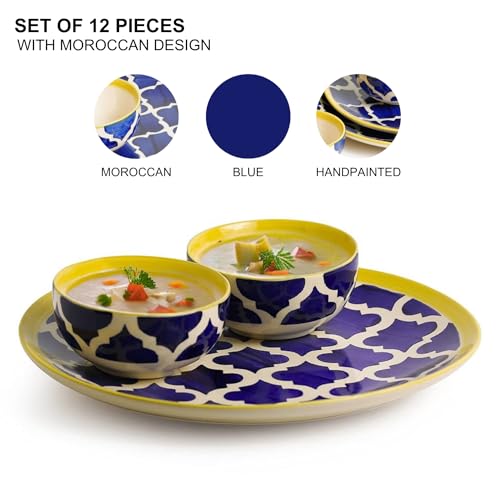 Image of Freakway Premium Moroccan Hand Glazed Dinner Set of 12 Pieces for Dinner with Bowls | 6 Dinner Plates and 6 Serving Bowl /katori | Microwave & Dishwasher Safe - Blue