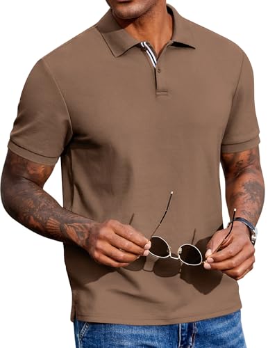 COOFANDY Mens Cotton Pique Polo Shirts Short Sleeve Casual Work Polo Tees Golf Shirts Brown