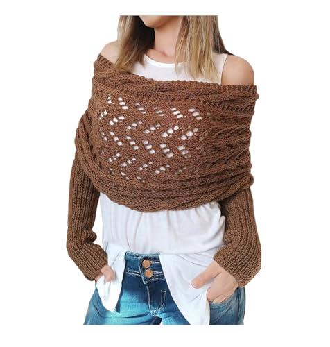 Multifunctional Scarf with Sleeves, Women Knitted Cable Wrap with Sleeves, Crochet Scarf Sweater Wrap (Dark Khaki, One Size)