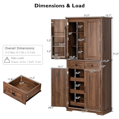 Image of Ball & Cast 71″Tall Farmhouse Kitchen Pantry Cabinet with 3 Pull Out Shelves & 2 Large Drawers,Versatile Pantry Storage Cabinet w / 6 Door Shelf & Adjustable Shelves for Kitchen,Dining Room,Walnut