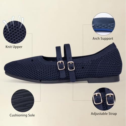 Image of Frank Mully Women's Flats Square Toe Mary Jane Shoes Ballet Flats with Strap Comfortable Slip On Knit Shoes Dressy Casual