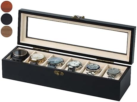 Exper City Watch Box Case, Watch Organizer Upgrade Lock for Men Women Birthday Gift, Wood Watch Display Storage 12 Slots, Black