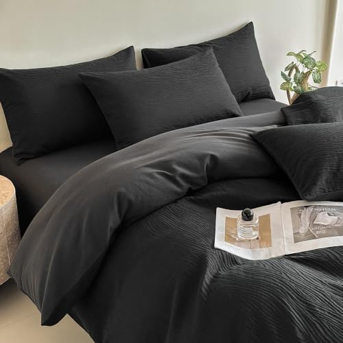 SheRest Black Textured Duvet Cover King Size - 3 piece Soft Microfiber Bedding Set with Zipper Closure & 8 Corner Ties Includes 1 Duvet Cover 104x90 Inches & 2 Pillow Shams Comforter Not Included