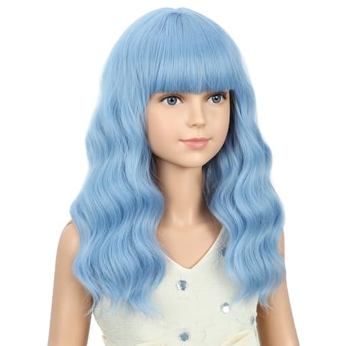 Image of PATTNIUM Light Blue Wig Short Blue Wigs with Bangs Shoulder Length Wavy Heat Resistant Synthetic Wig