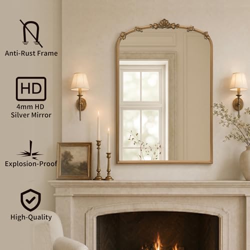 Image of Besdomus Vintage Gold Mirror for Bathroom: 24 inchx36 inch Ornate Arched Mirror | French Baroque Antique for Wall /Mantel /Bedroom /Entryway /Vanity /Hallway - Ideal for Fashion- Conscious