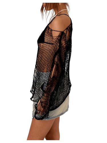 SHENHE Women's Distressed Grunge Tops Off Shoulder Sheer Hollow Out Knit Sweater Top3