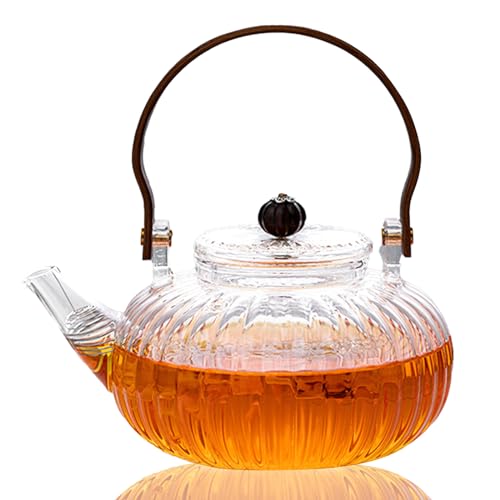 Motanber Pumkin Glass Teapot, Stovetop Safe Teapot with infuser, clear teabloom teapot, borosilicate glass tea kettle 27 oz(800ml), for Blooming/Coffee/Housewarming