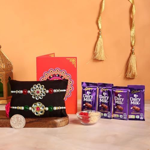 Image of Frostick Designer Rakhi With Chocolate Gift for Bhaiya /Bhai /Brother With Greeting Card, Tilak Chawal And Silver coin (Diary Milk 4Pcs, Pack of 2) (Random Design Rakhi)