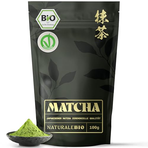 NaturaleBio Matcha Ceremonial Grade 100g. Original Matcha Pulver Bio aus Japan. Grüner Tee, Zeremonie-Qualität. Ideal zum Trinken, Kochen und als Kaffee Latte Zugabe