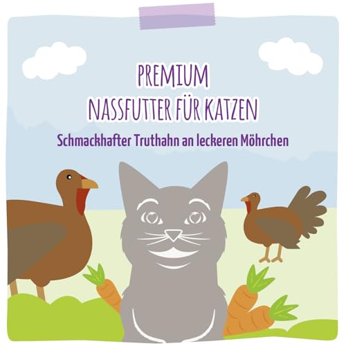 MjAMjAM - Premium Nassfutter für Katzen - schmackhafter Truthahn an leckeren Möhrchen, 6er Pack (6 x 400 g), getreidefrei mit extra viel Fleisch
