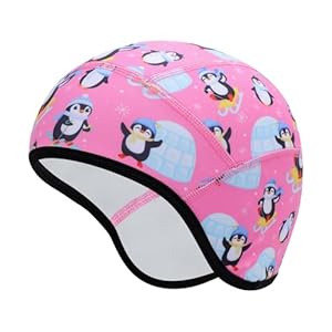 Risipu Kinder Helmmütze Warme Wintermütze Futter für Fahrradhelm Ski Skull Cap mit Ohrenschutz Elastische Mütze für Jungen Mädchen (DE/NL/SE/PL, Alphanumerisch, Einheitsgröße, Rosa - Pinguine)