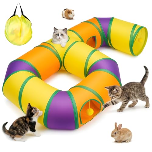 Tunnel per gatti da interno a forma di 6, casetta tunnel per gatti pieghevole tubo con pompon pendenti e foro interattivo per gattini, cuccioli, conigli, furetti e porcellini d'India