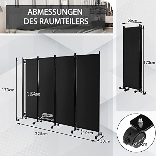 FANTASK 225 x 173 cm Biombo con Ruedas, biombo de 4 Piezas, Plegable, de Tela, Color Negro