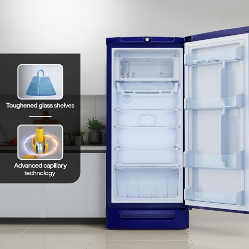 Image of Godrej 202 L 5 Star | Advanced Inverter | Jumbo Vegetable Tray | Toughened Glass Shelves | Turbo Cooling Technology | Base Drawer Direct Cool Single Door Refrigerator (RD 210E TDI MN BL, Marine Blue)